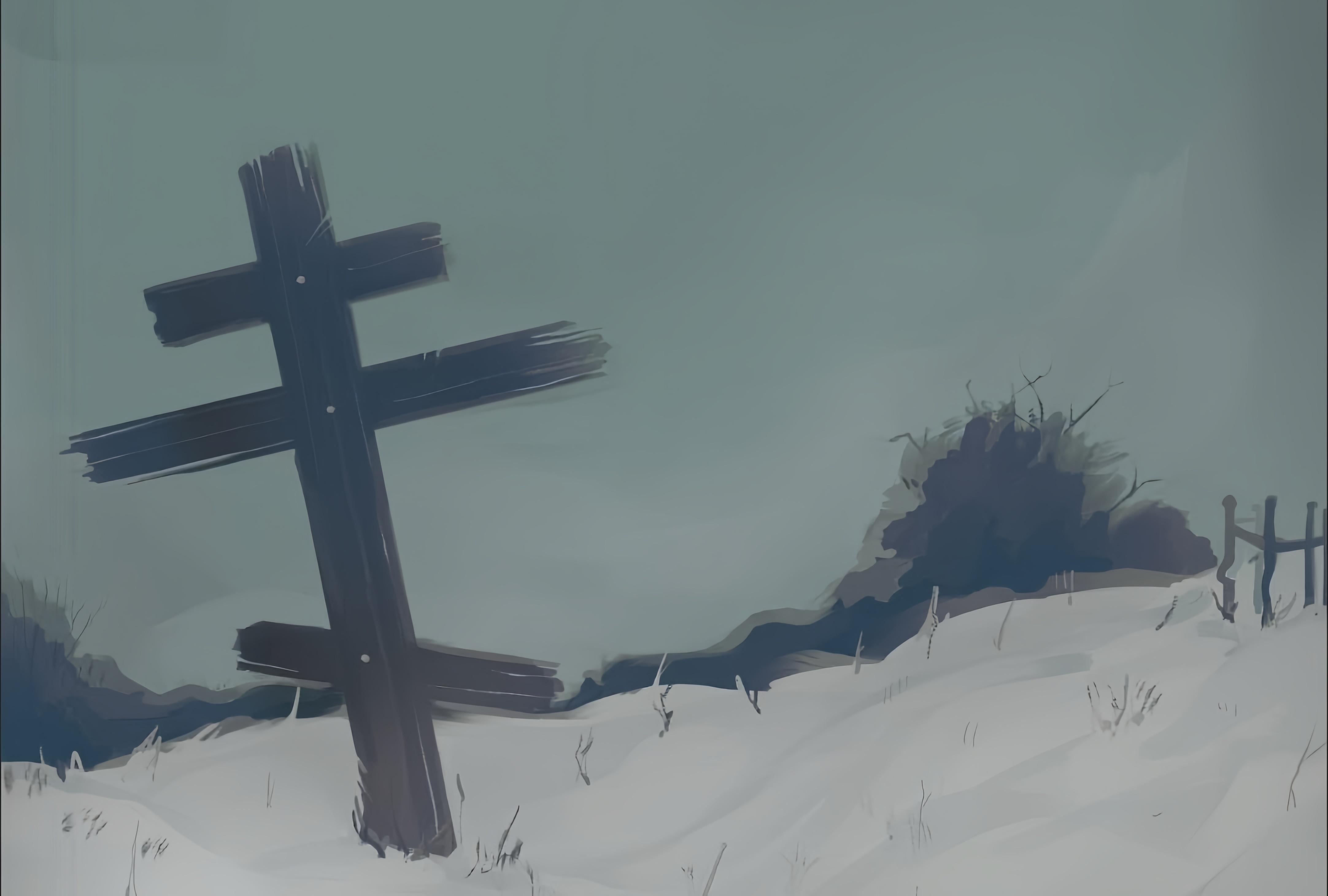 A winter landscape with a dark wooden cross