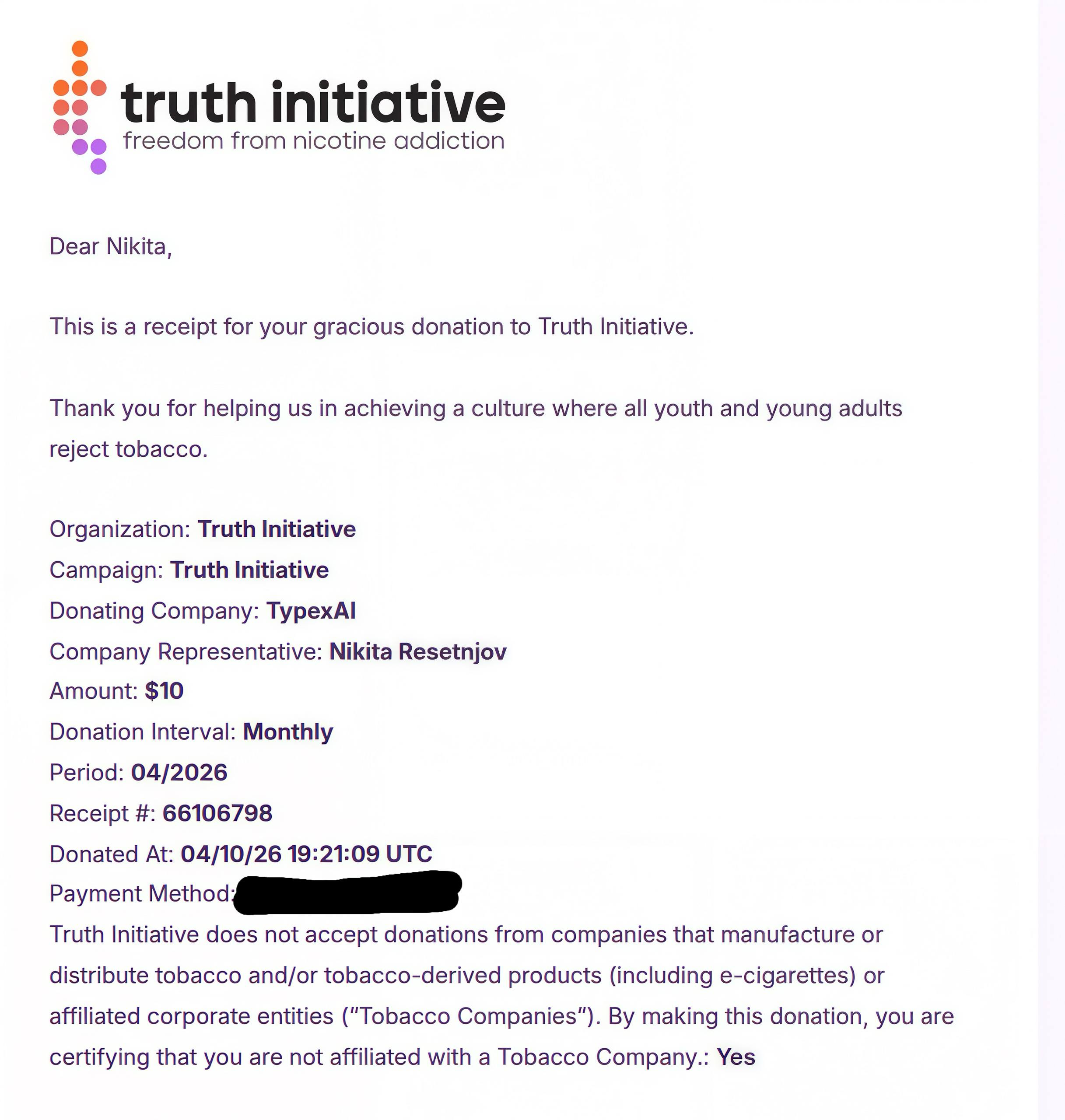 Official transaction record from Donorbox